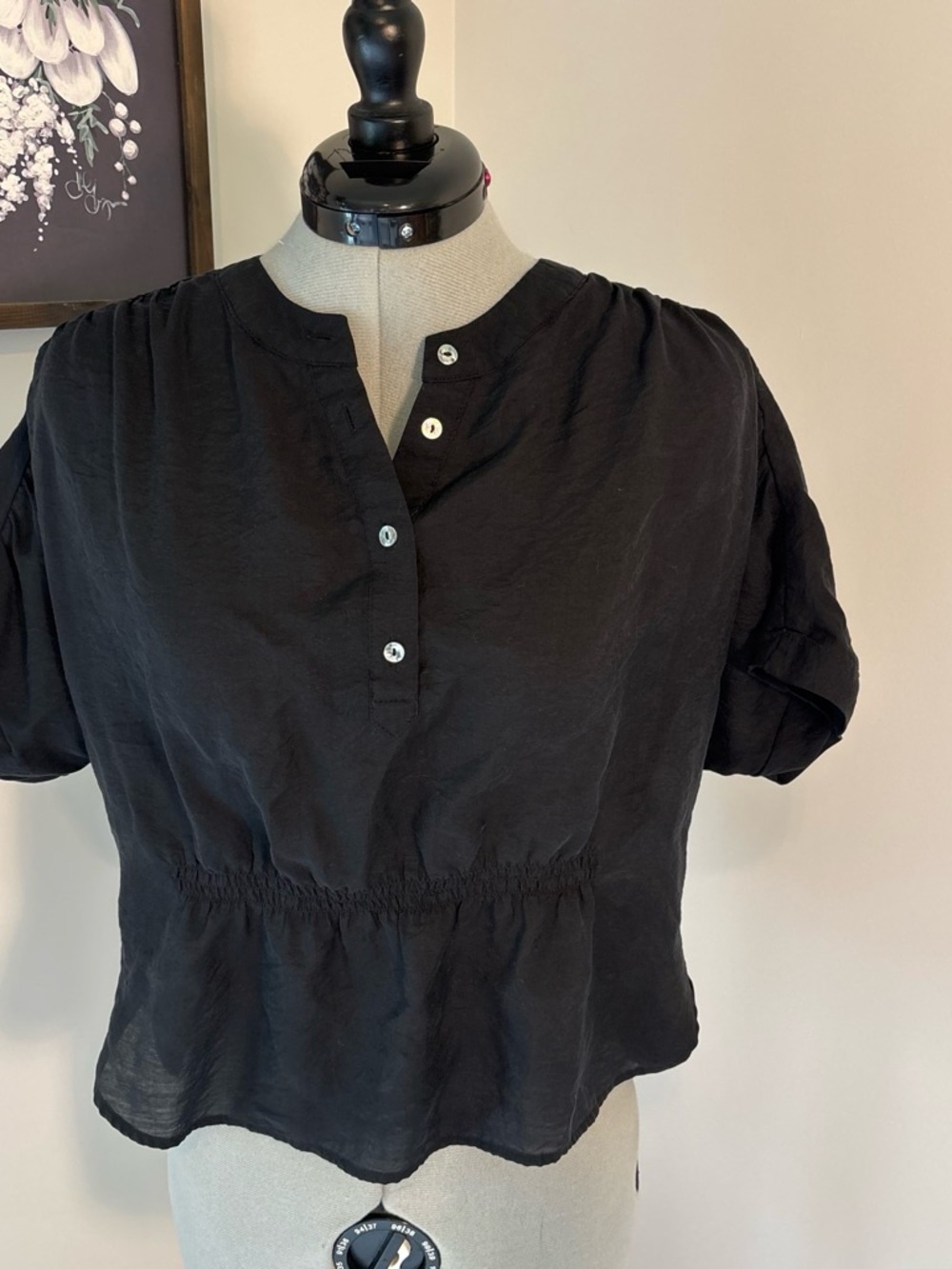 Express Black Short-Sleeve Peasant Blouse with Button Placket